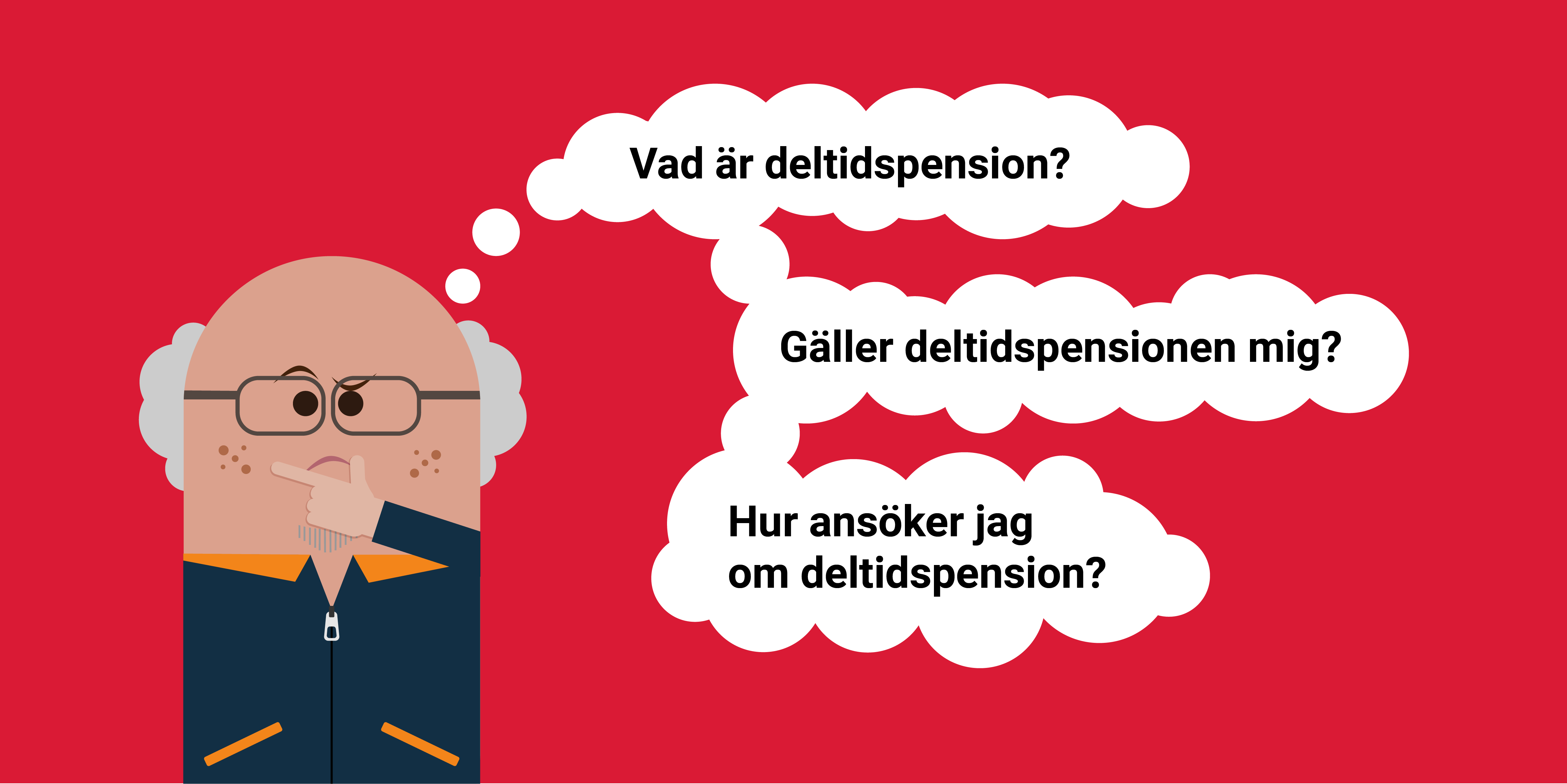 En tecknad gubbe som ser ut att fundera. Intill honom är tre pratbubblor med frågor om deltidspension.
