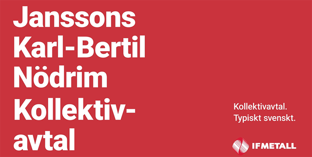 Text som säger "Janssons, Karl-Bertil, Nödrim och kollektivavtal. Typiskt svenskt.". Röd bakgrund och vit text.