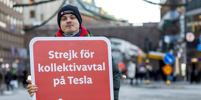 Tobias med skylt framför sig där det står Strejk för kollektivavtal på Tesla